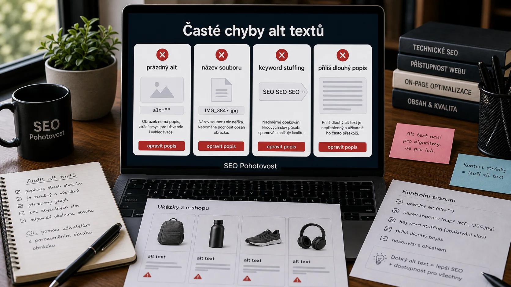 Časté chyby alt textů: prázdný popis, název souboru, keyword stuffing a příliš dlouhý text