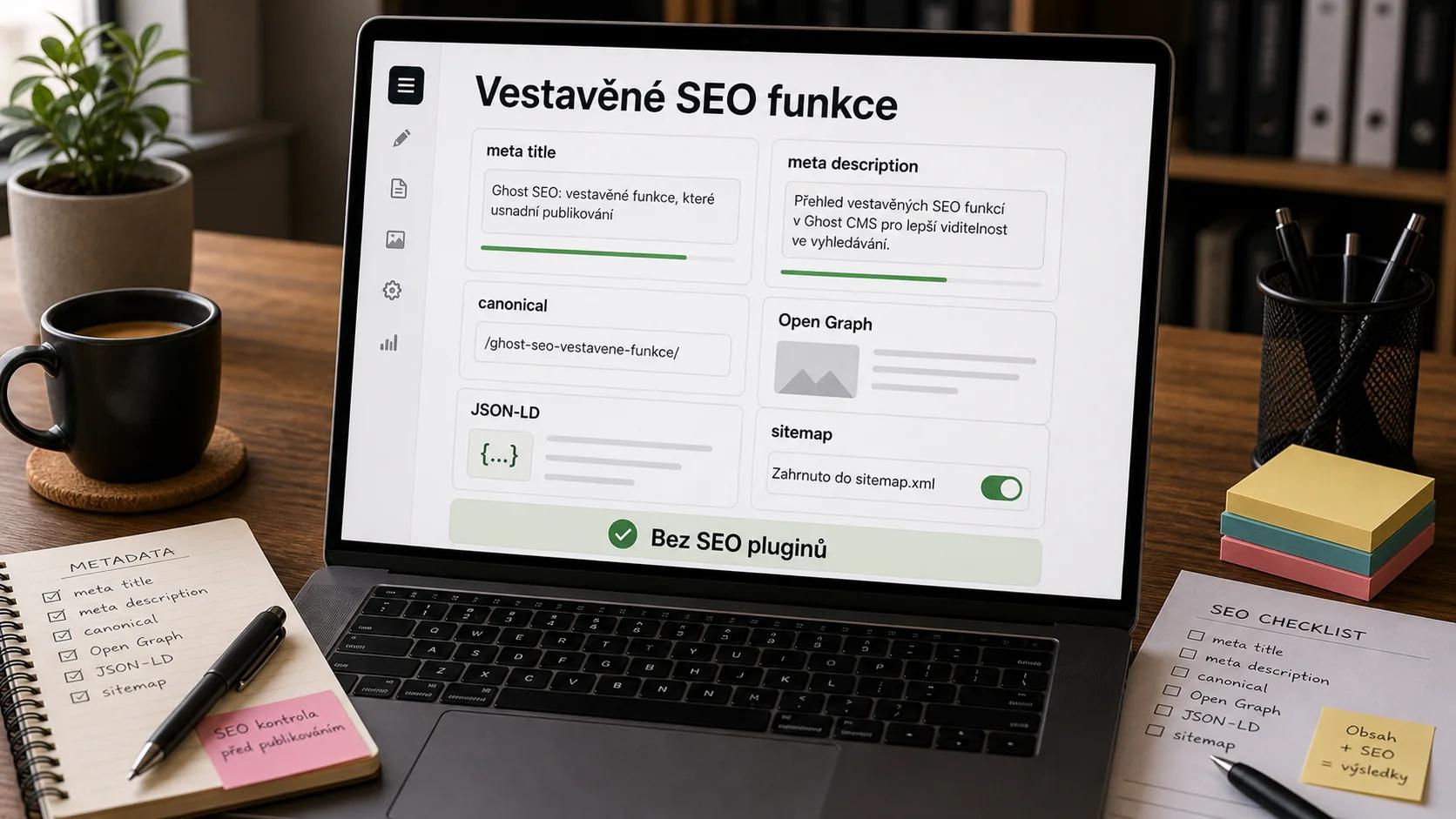 Vestavěné SEO funkce Ghostu: meta tagy, canonical, JSON-LD a sitemapa bez pluginů