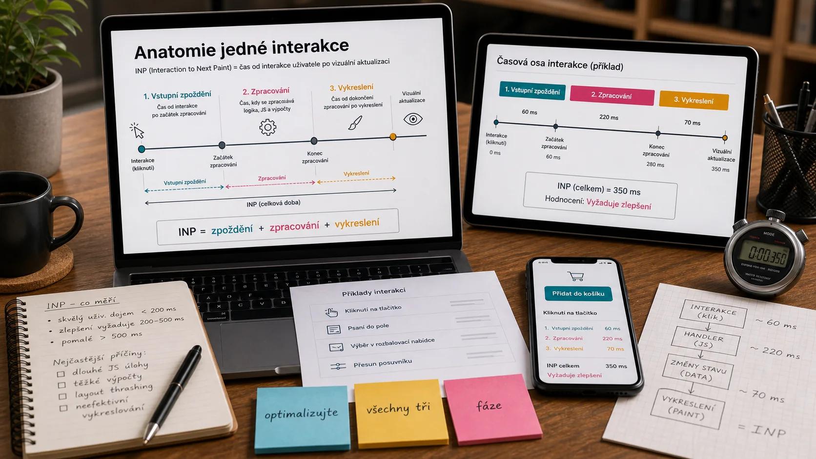 Diagram: tři fáze interakce, které INP měří — vstupní zpoždění, zpracování, vykreslení