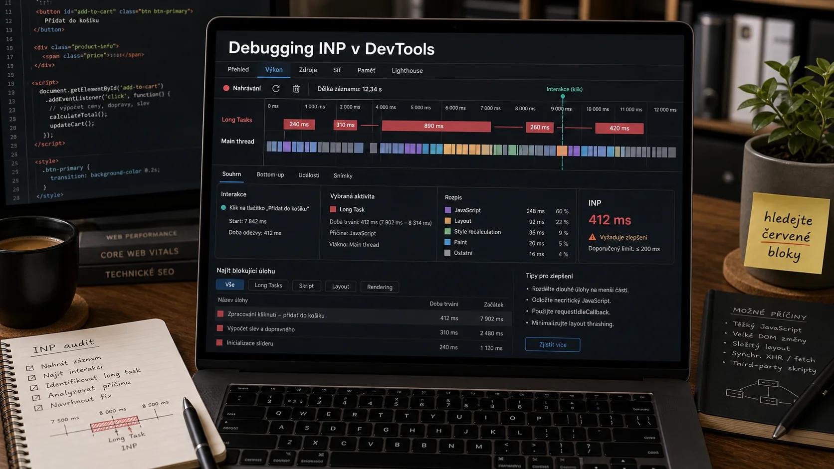 Chrome DevTools, panel Výkon: záznam interakce s vyznačenými dlouhými úlohami