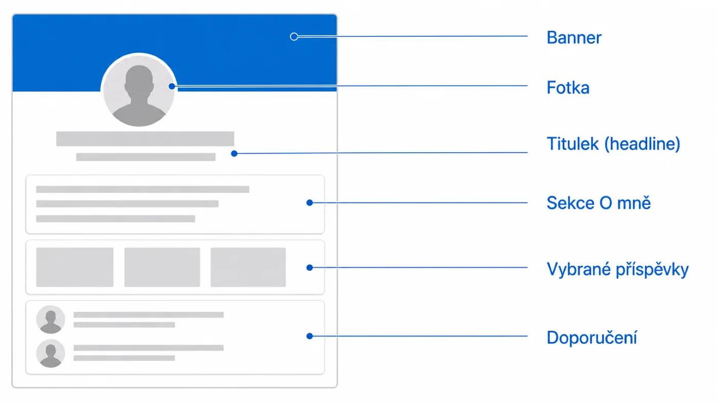 Šest částí LinkedIn profilu, které rozhodují: fotka, titulek, sekce O mně, banner, vybrané příspěvky a doporučení