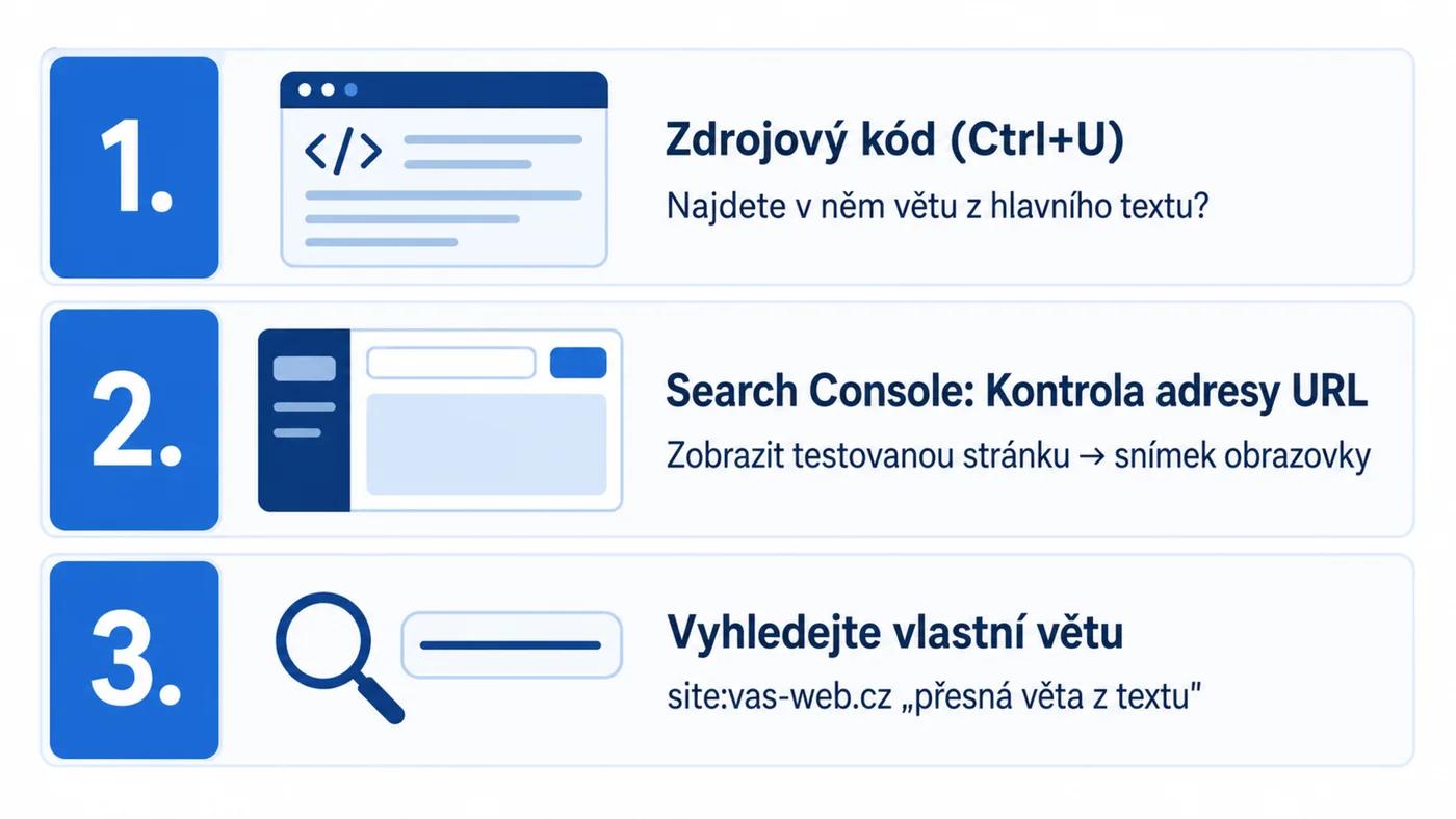 Tři kontroly, jak zjistit, co Google vidí: zdrojový kód, Search Console, vyhledání vlastní věty