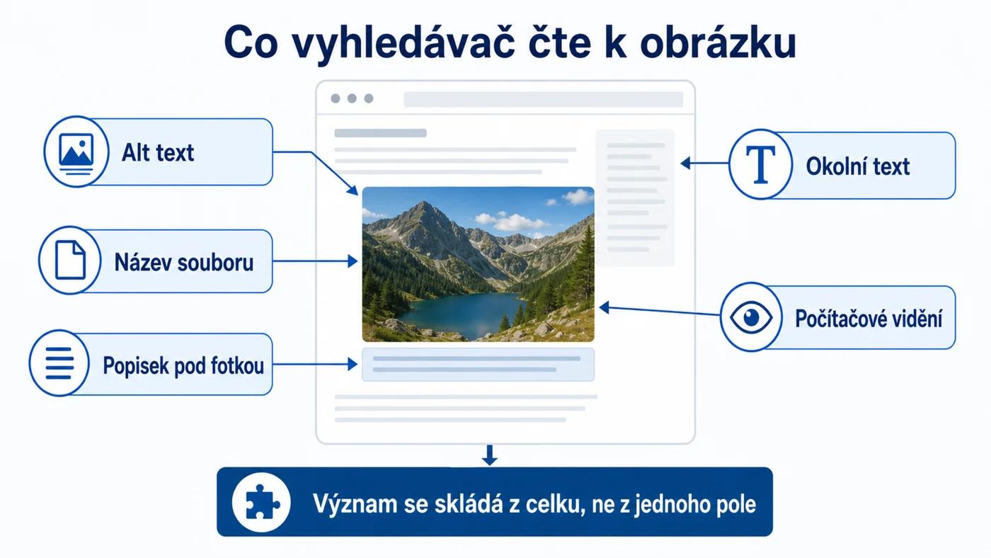 Z čeho vyhledávač skládá význam obrázku: alt text, název souboru, popisek, okolní text a počítačové vidění