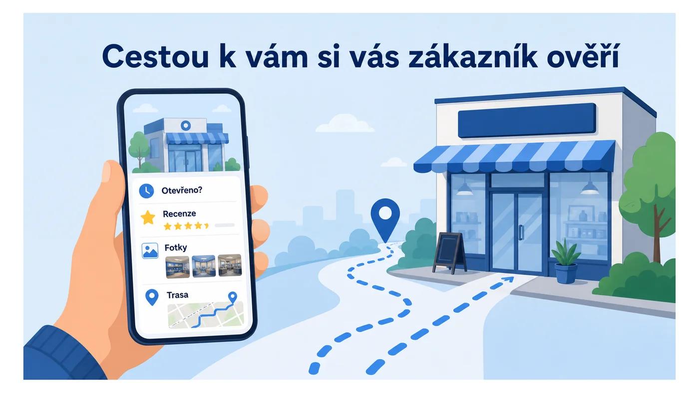 Zákazník si cestou do prodejny ověřuje firmu na Googlu: otevírací dobu, recenze, fotky a trasu