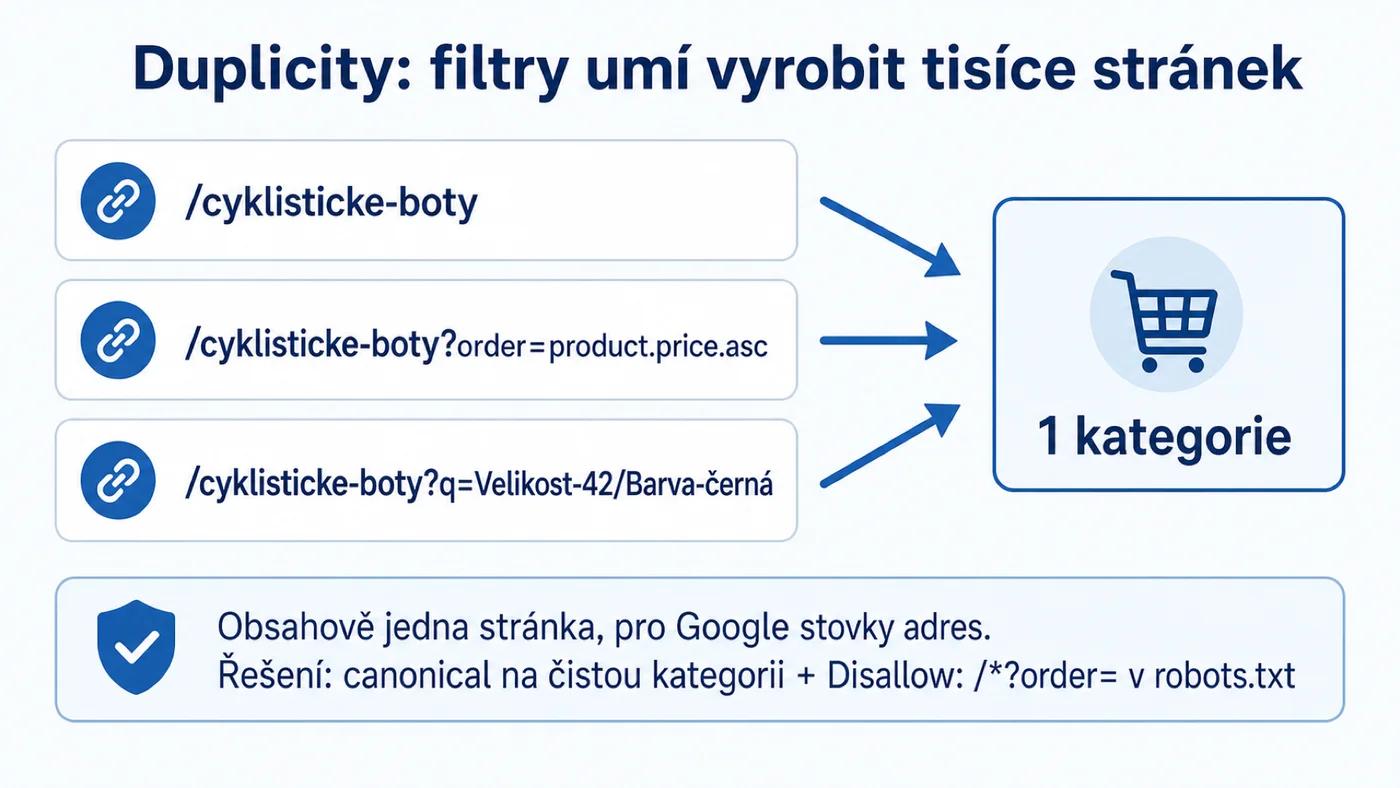 Duplicitní URL z filtrů a řazení v PrestaShopu a jejich řešení canonicalem