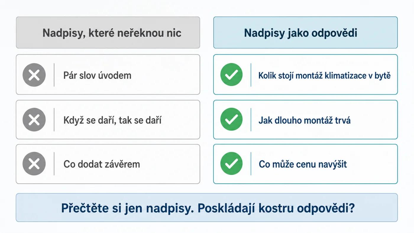 Srovnání osnovy článku: nadpisy bez obsahu vs. nadpisy formulované jako odpovědi na otázky