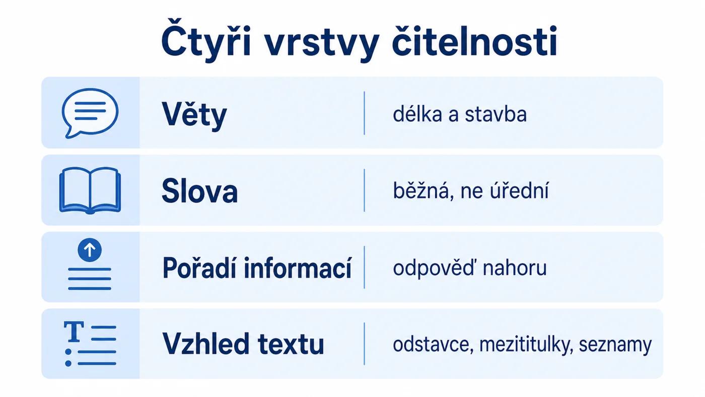 Čtyři vrstvy čitelnosti textu: věty, slova, pořadí informací a vzhled textu