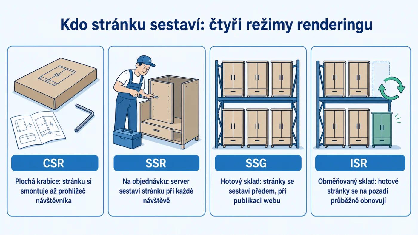 Čtyři režimy renderingu na metafoře nábytku: CSR plochá krabice, SSR montáž na objednávku, SSG sklad hotových stránek, ISR průběžně obnovovaný sklad