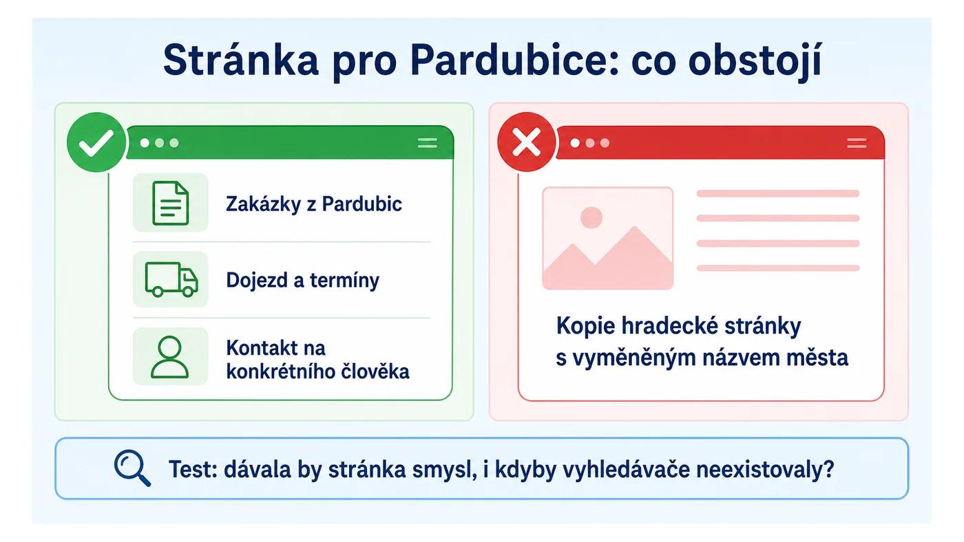 Poctivá stránka pro Pardubice (zakázky, dojezd, kontakt) vs. kopie s vyměněným názvem města