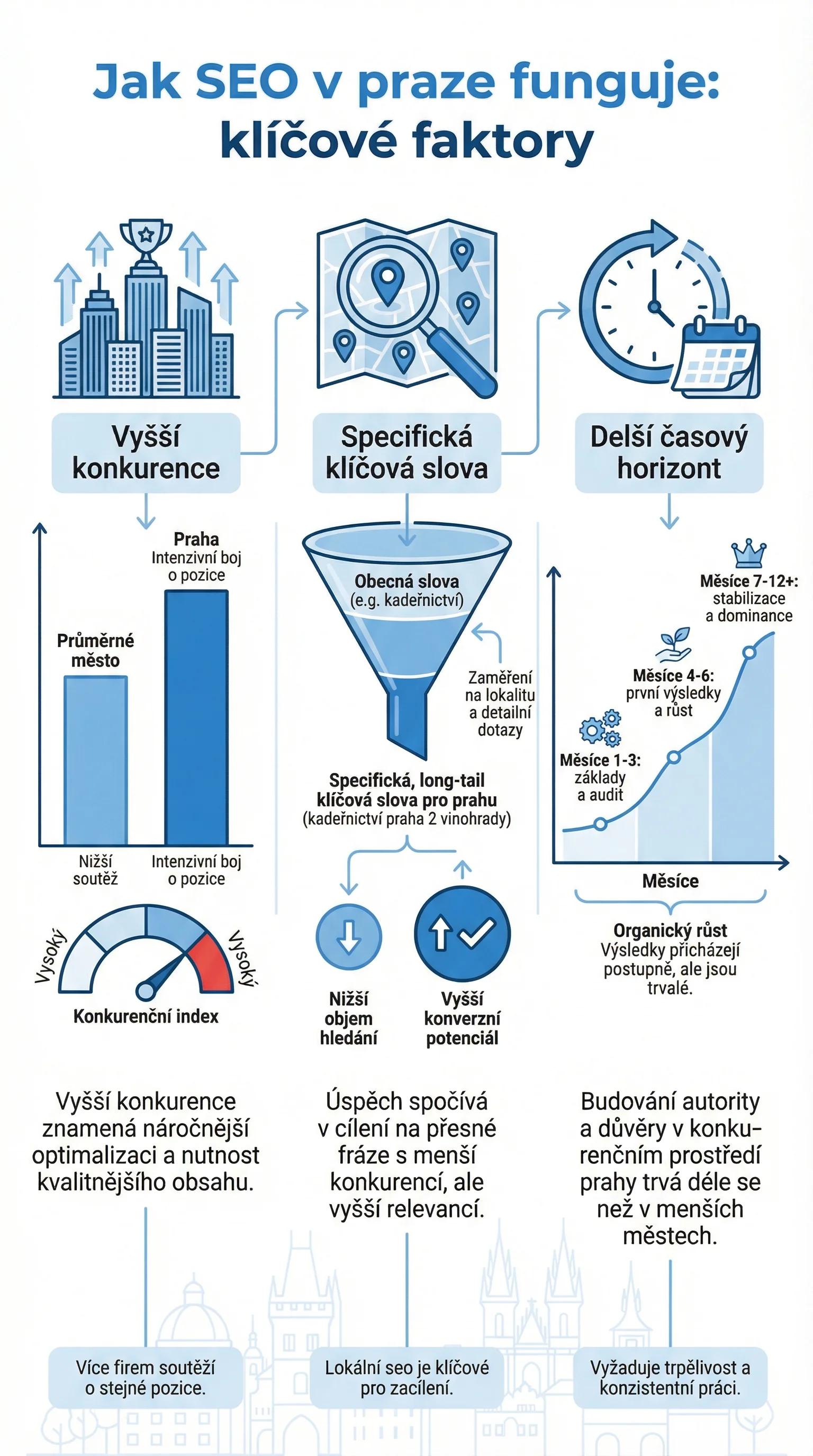 Infografika - Jak SEO v Praze funguje: vyšší konkurence, specifická klíčová slova, delší časový horizont