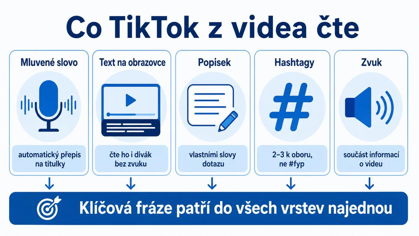 Co TikTok z videa čte: mluvené slovo, text na obrazovce, popisek, hashtagy a zvuk