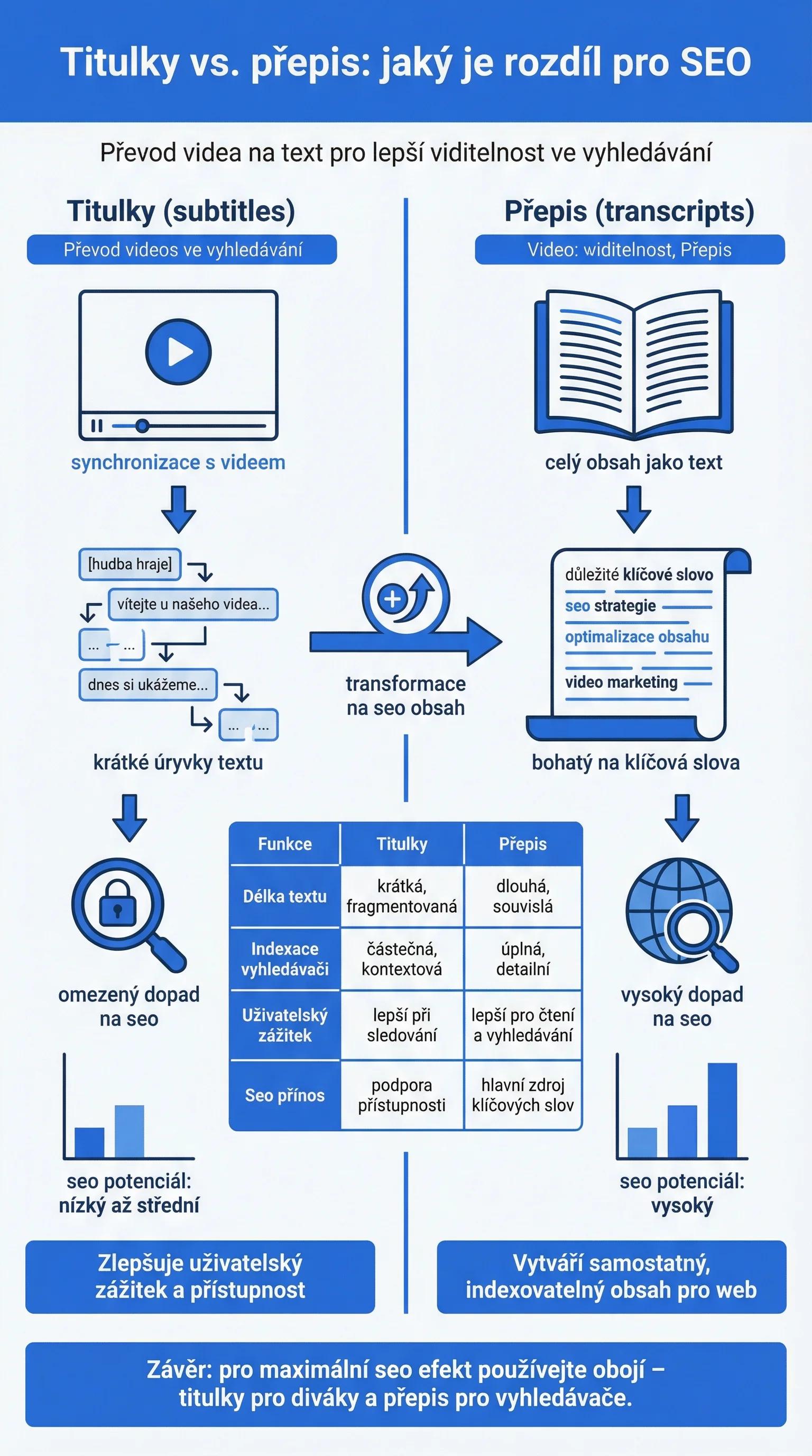 Infografika - Titulky vs. přepis: Jaký je rozdíl pro SEO