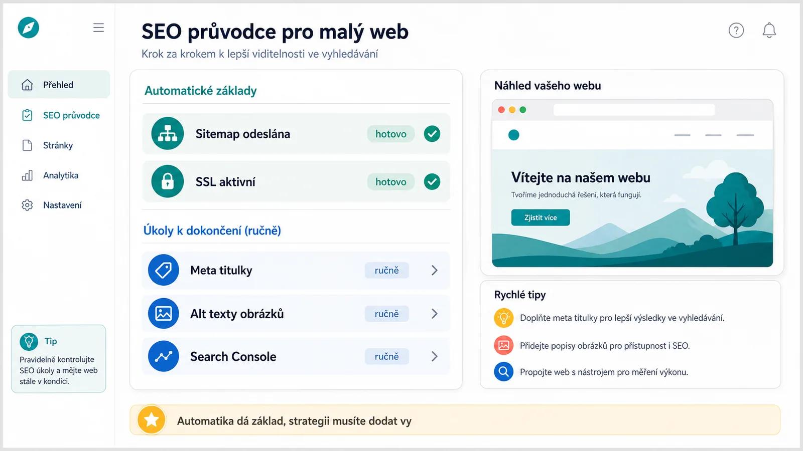 SEO Setup Checklist ve Wixu: automatické základy a úkoly, které zůstávají na vás