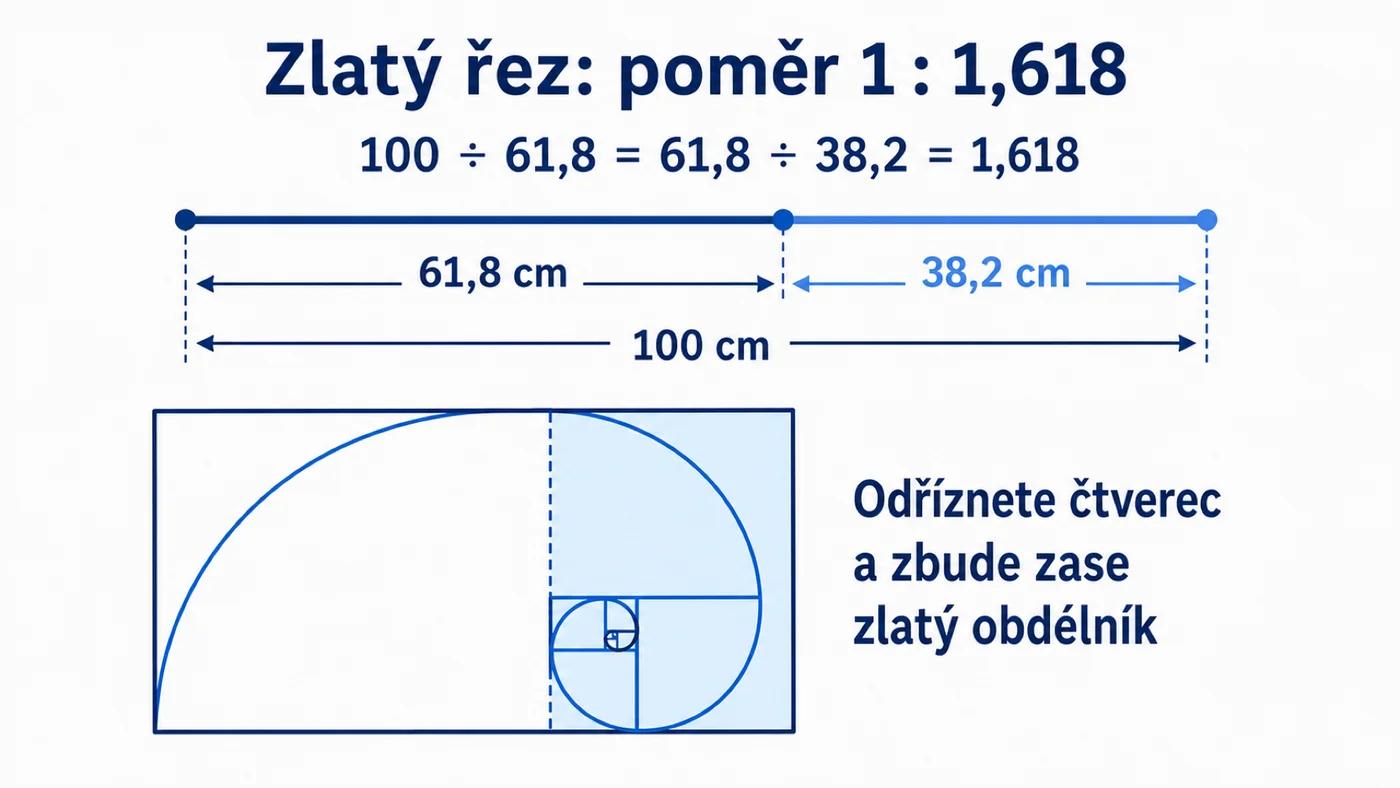 Konstrukce zlatého řezu: úsečka v poměru 61,8 : 38,2 a zlatý obdélník