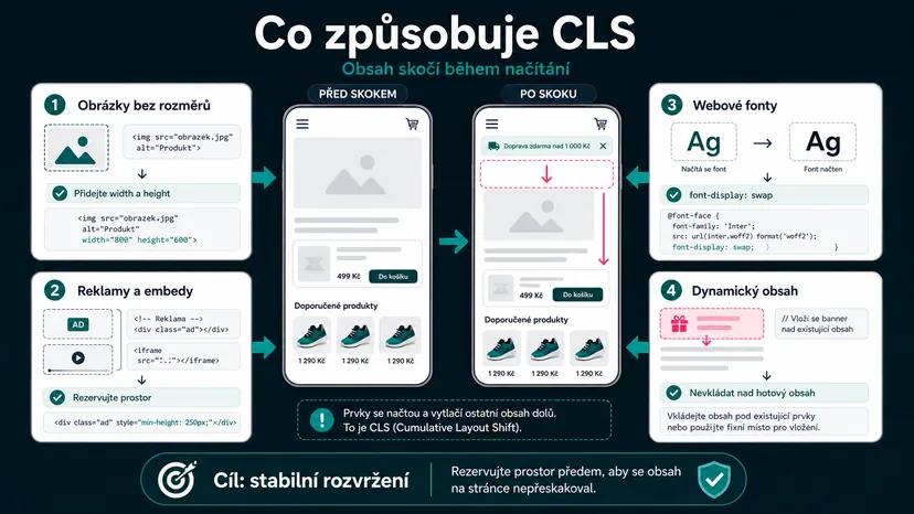 Infografika - Co způsobuje CLS (časté viníci) - CLS: Proč se vám web „skáče" pod rukama