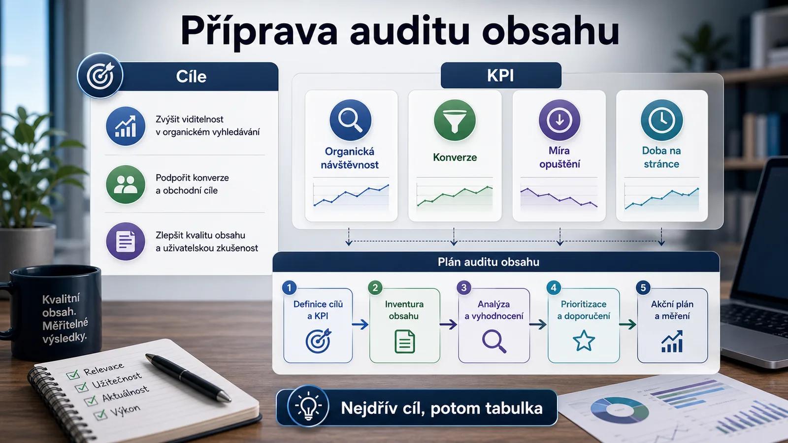 Infografika - Příprava na Audit obsahu: Definice Cílů a KPI - Audit obsahu: Smaž, nebo vylepši? SEO Průvodce