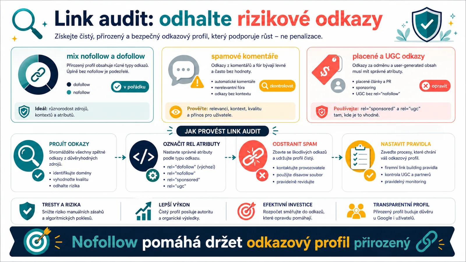 Infografika - Potřebujete link audit? - Nofollow: Kdy říkat Google „Nedůvěřuj tomuto odkazu