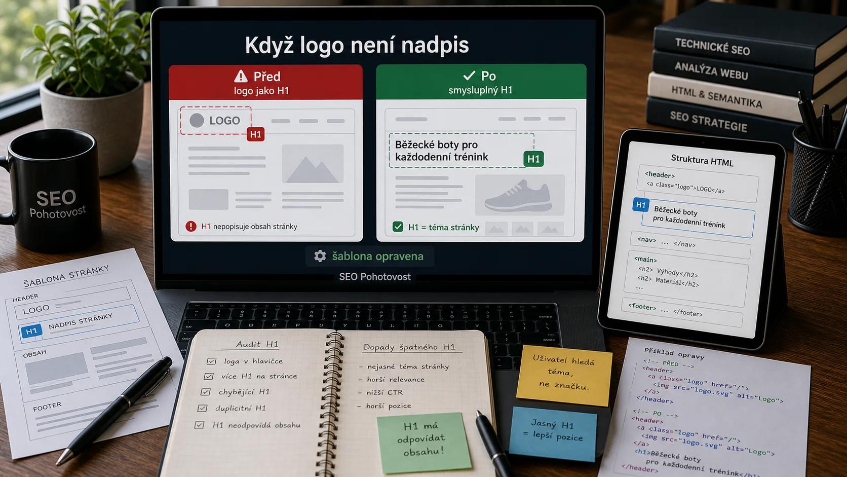 Infografika - Příběh z praxe: Když logo není nadpis - H1 Tag: Proč jeden nadpis rozhoduje o úspěchu celé stránky